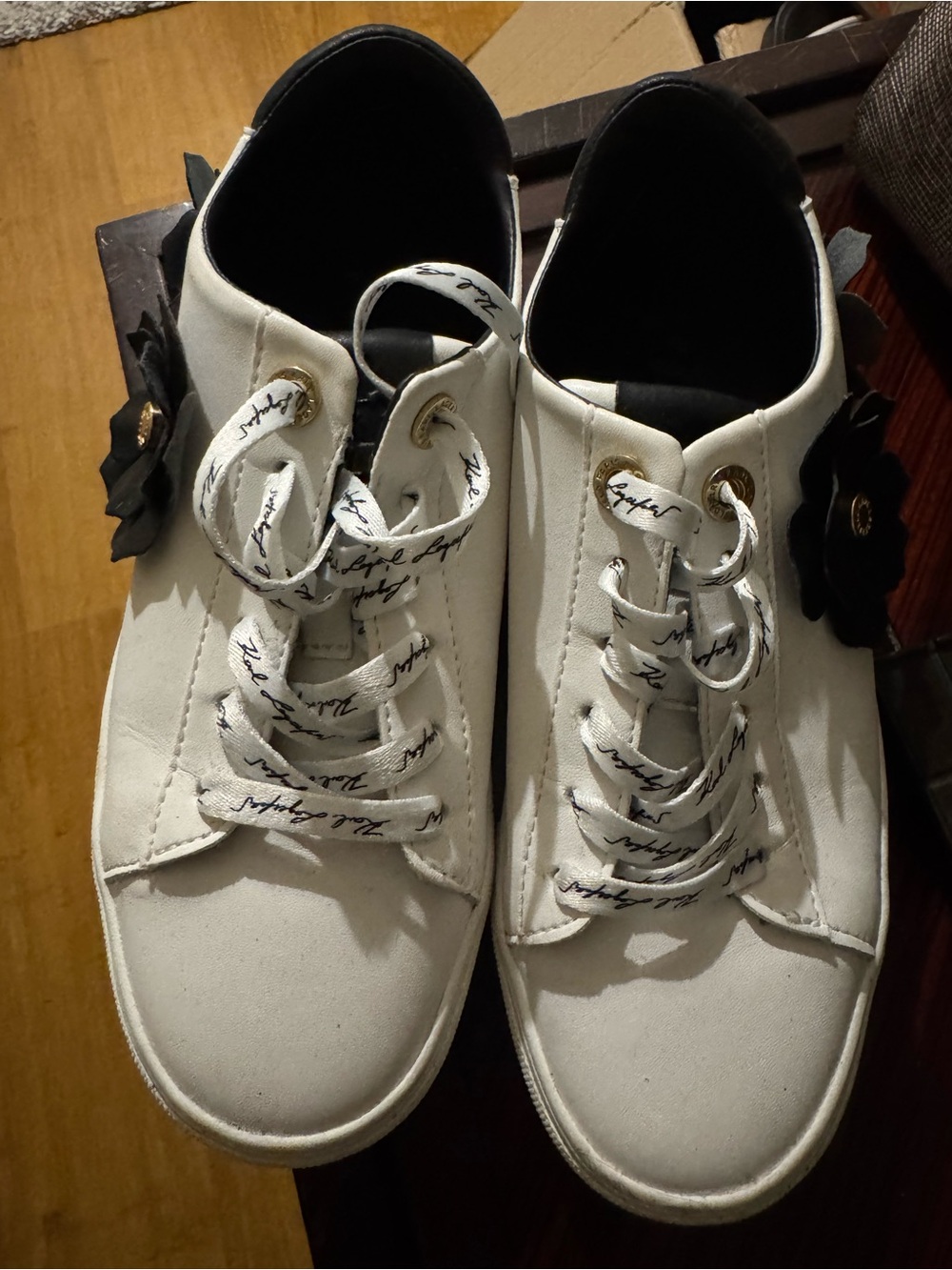 Karl Lagerfeld White Lace-Up Sneakers with Black Flower Accent